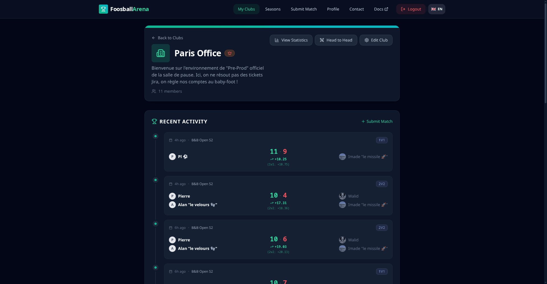 Club dashboard with members, seasons, and recent matches