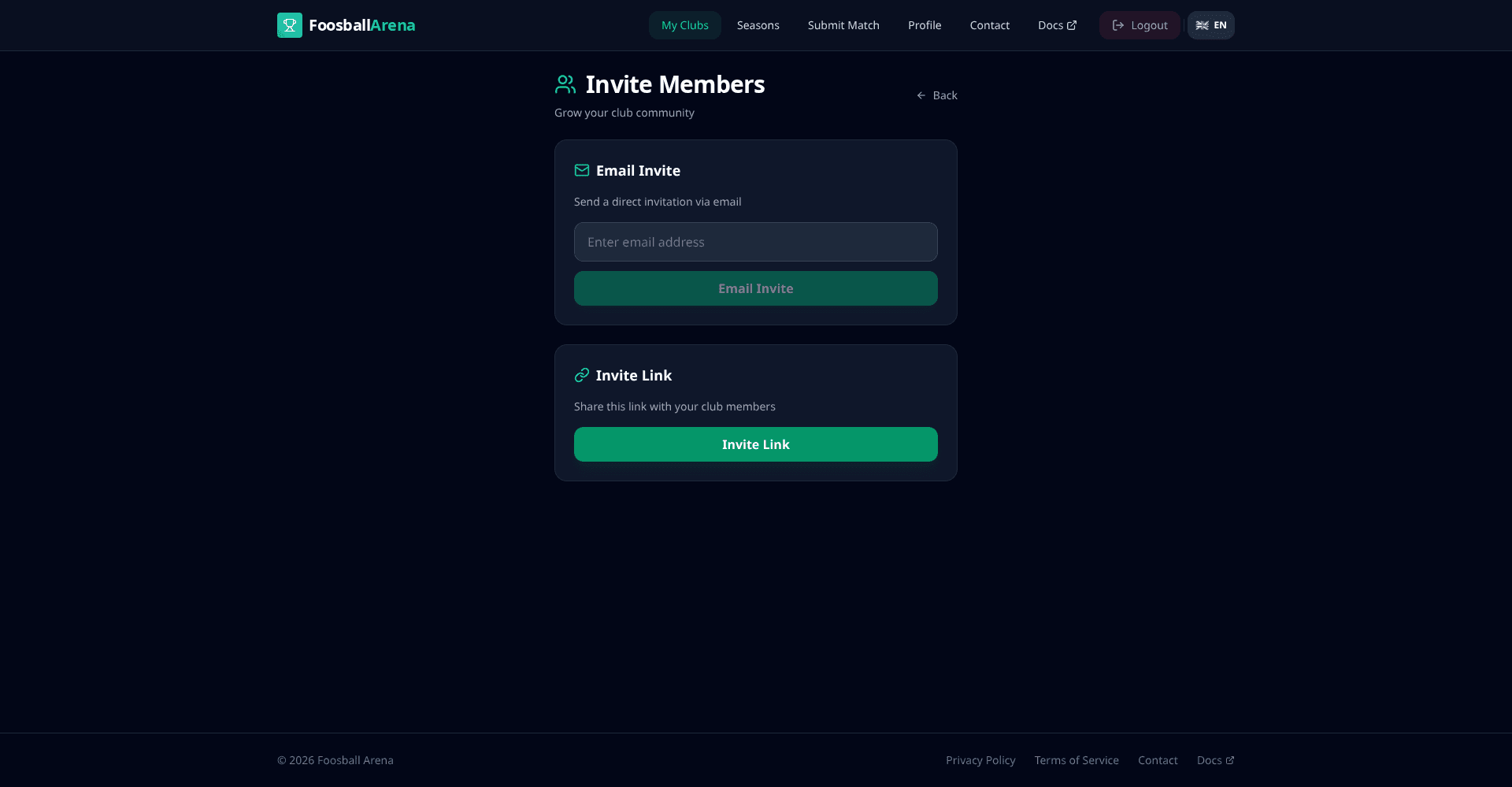 Invitation interface with email and shareable link options
