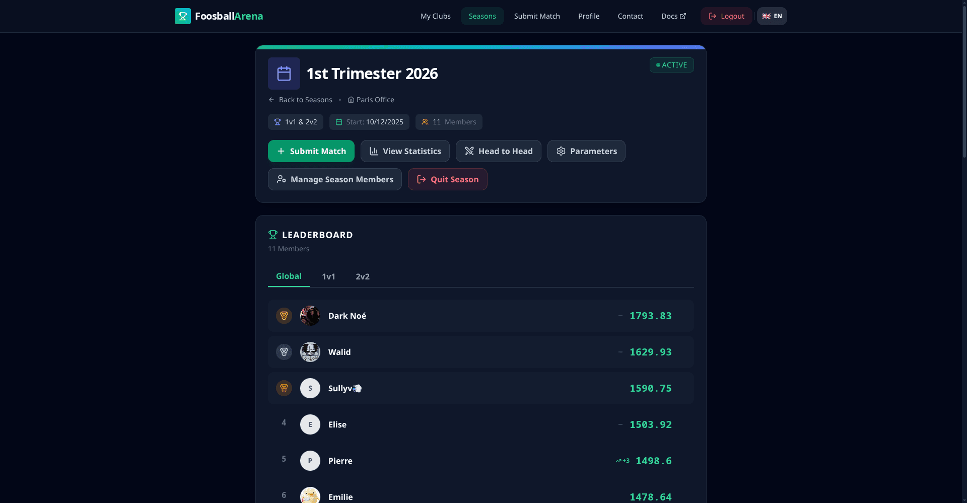 Season dashboard with leaderboard and match history