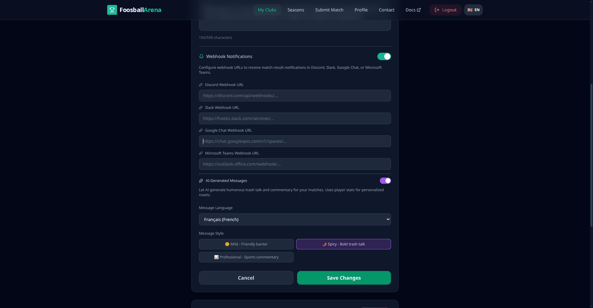 Webhook configuration for Discord, Slack, and Teams